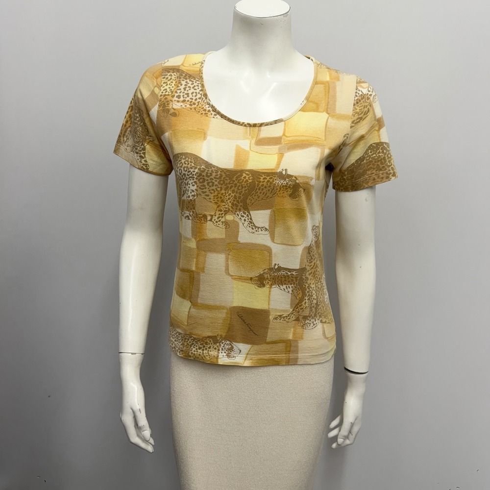 Salvatore Ferragamo Top 100% Cotton Signed in Print of Cheetahs Size Small S